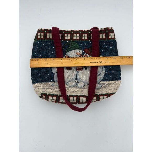 Festive Snowman Winter Holiday Tapestry Tote Bag with Burgundy Straps VINTAGE - Picture 6 of 6